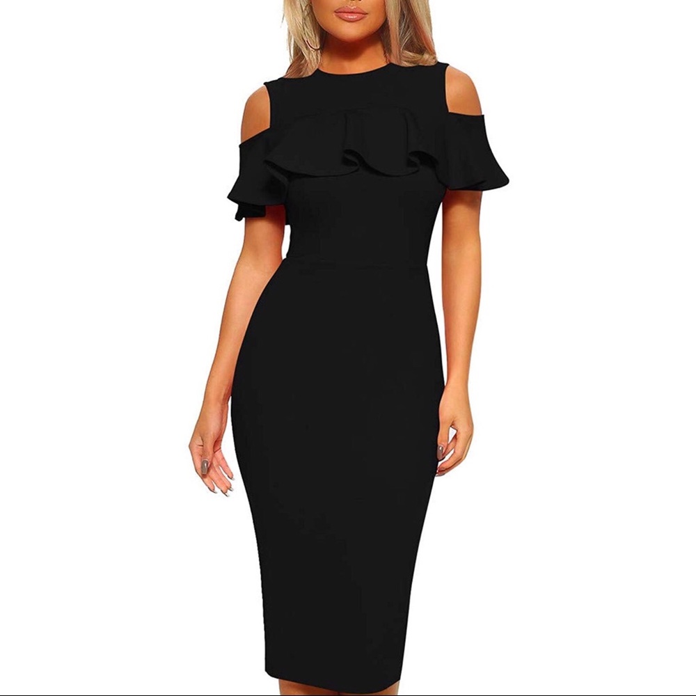Shoulder Ruffle Bodycon Evening Midi Dress - Picture 2 of 4
